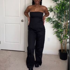Black Strapless Cargo Jumpsuit